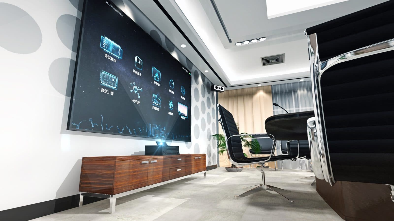 Modern conference room fitted with an interactive display and AV setup